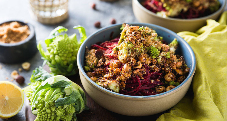 Beet Noodles with Romanesco and Hazelnut Hemp Seed Crumble Beet Noodles with Romanesco and Hazelnut Hemp Seed Crumble