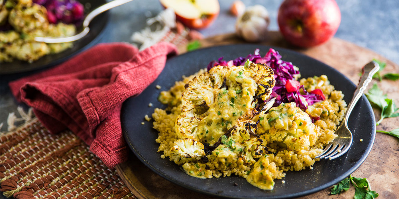 Cauliflower Steaks with Braised Cabbage and Dijon Sauce Cauliflower Steaks with Braised Cabbage and Dijon Sauce