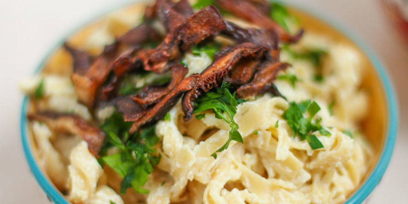 Creamy Fettuccine with Shiitake Mushroom Bacon
