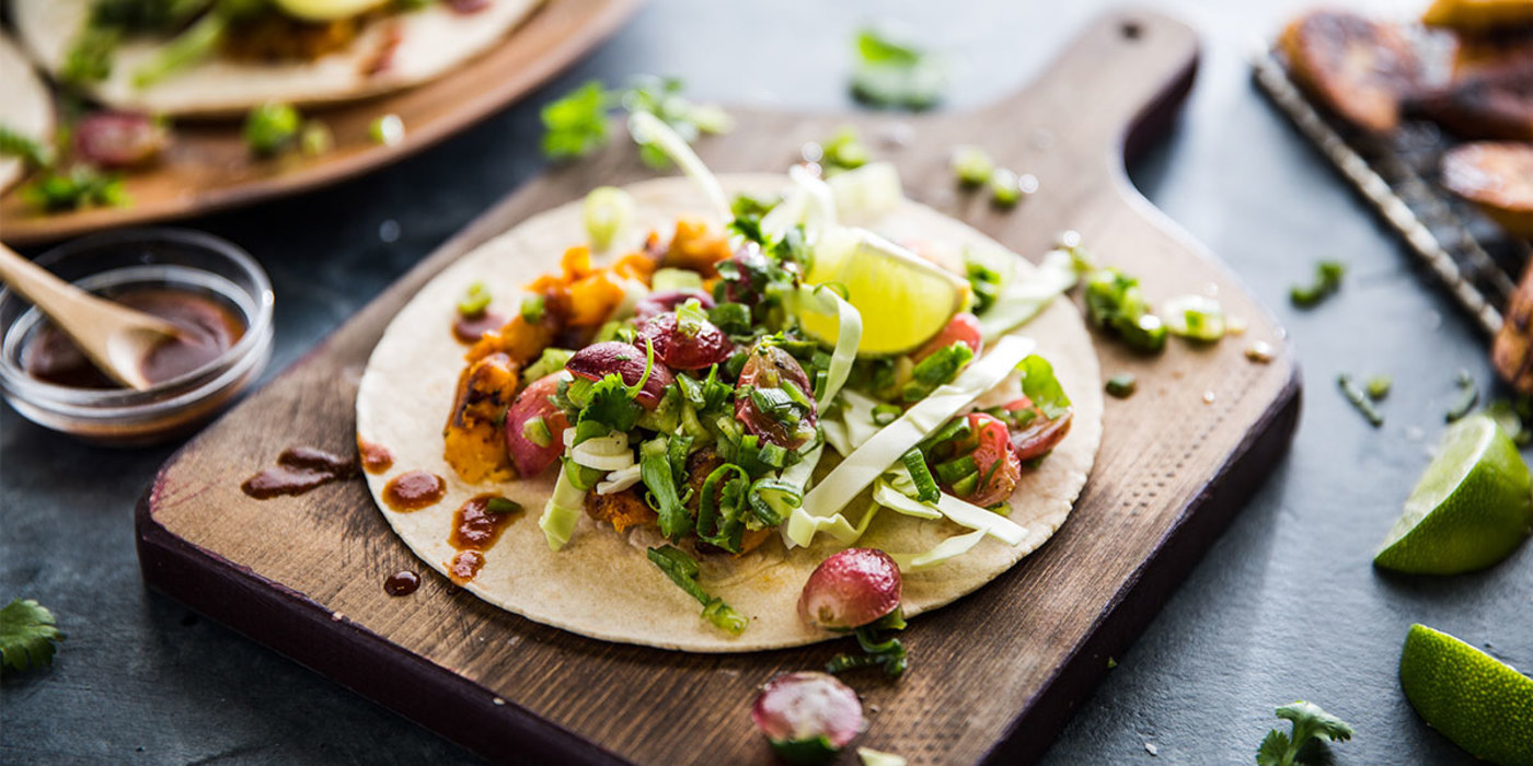 Refried Butternut Tacos with Roasted Grape Salsa and Plantains Refried Butternut Tacos with Roasted Grape Salsa and Plantains