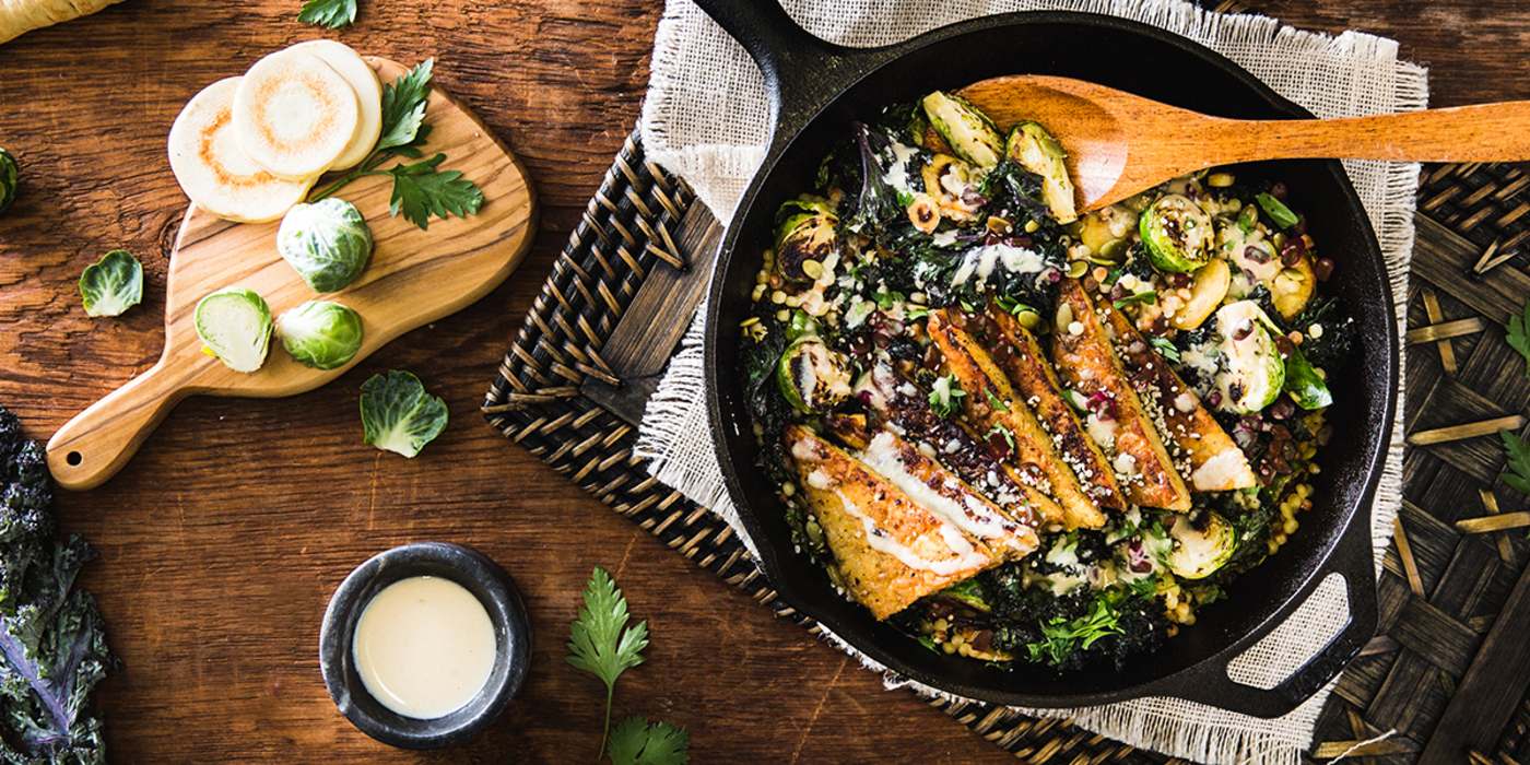 Fall Vegetable Hash with Herbed Tempeh and Maple Tahini Dressing Fall Vegetable Hash with Herbed Tempeh and Maple Tahini Dressing