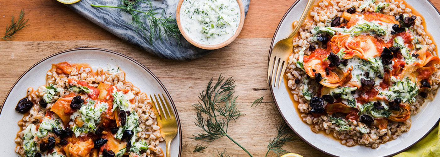 TomatoBraised Artichokes with Bright Dill Sauce and Farro