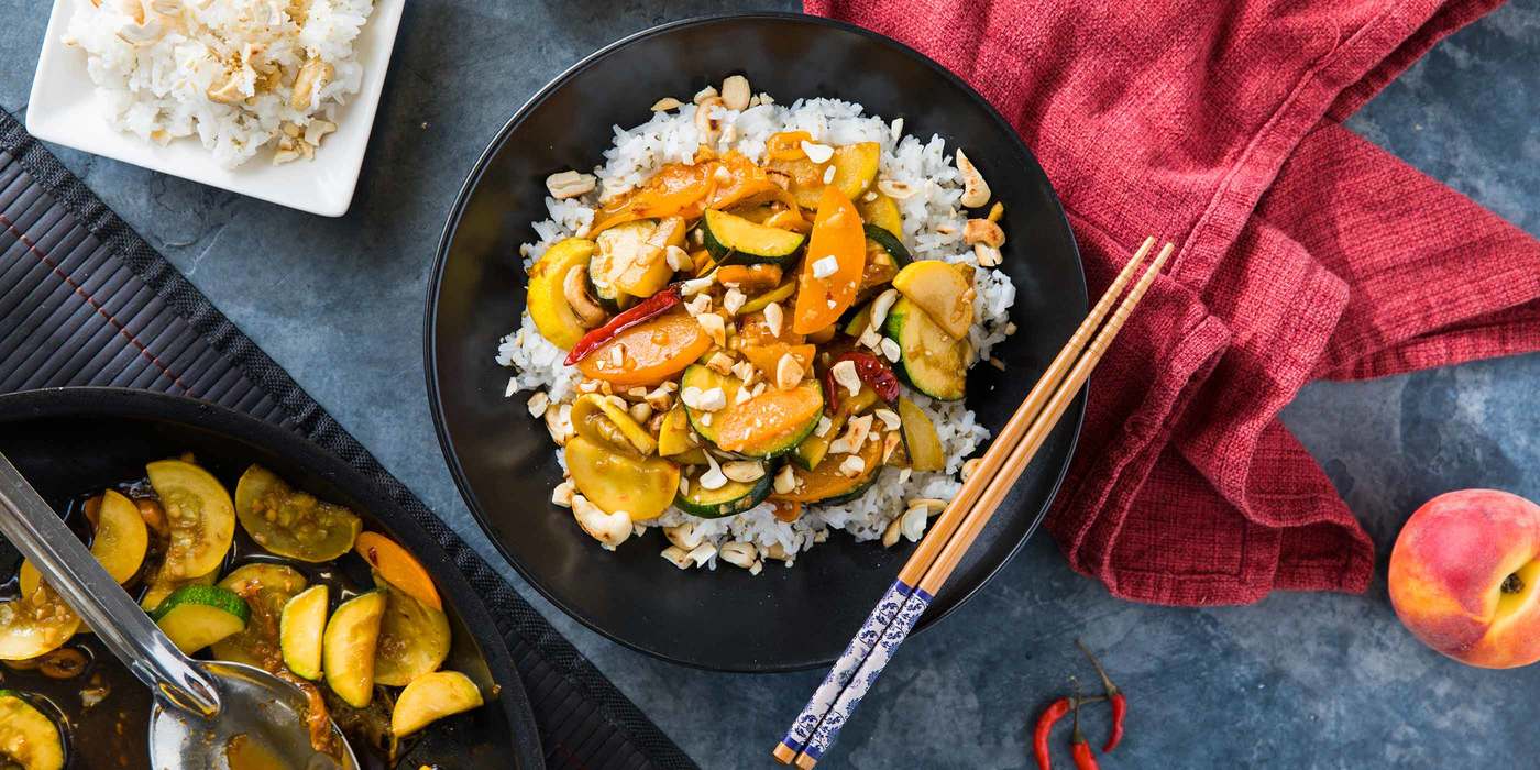 Thai Vegetable Stir-Fry with Peaches & Seeded Cashew Rice Thai Vegetable Stir-Fry with Peaches & Seeded Cashew Rice