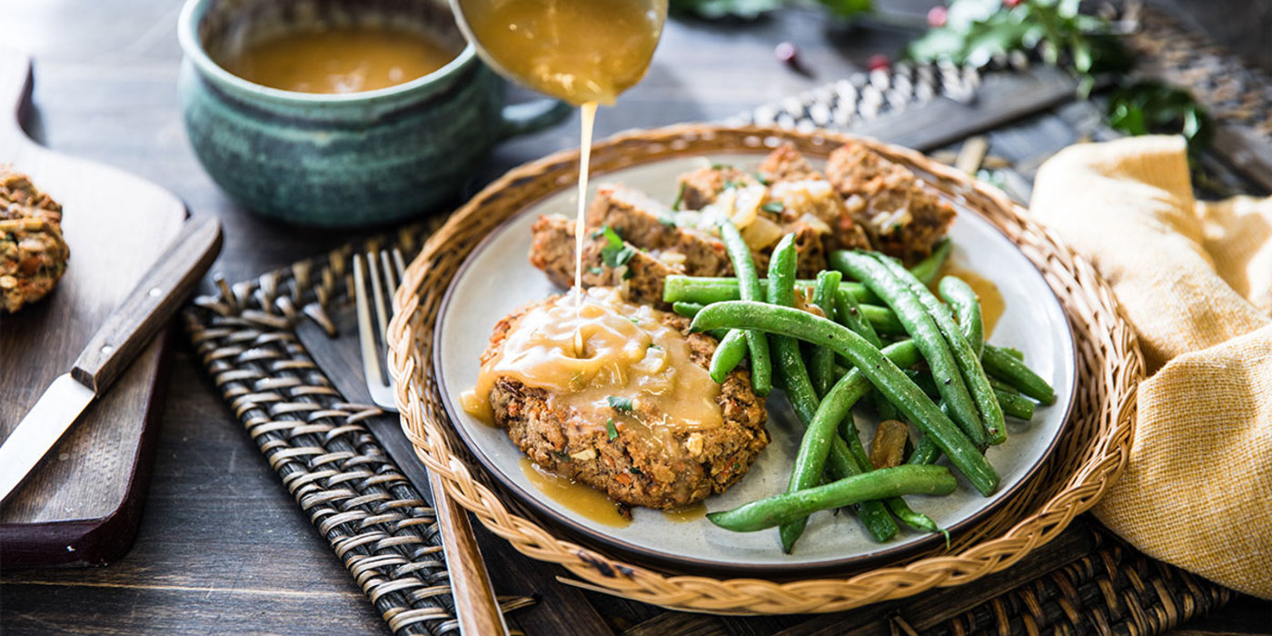 Lentil Oat Loaf with Garlic Green Beans and Classic Gravy
