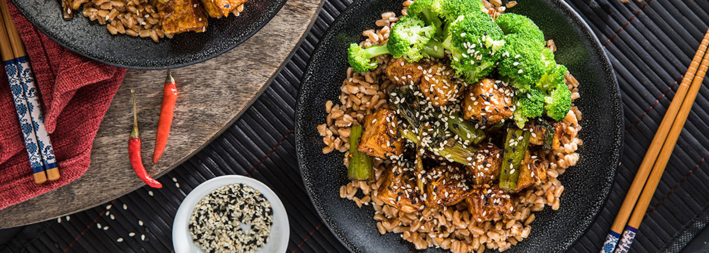 General Tso’s Tofu with Farro and Steamed Broccoli