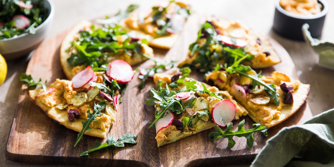 Socca Pizza with Carrot Parsnip Hummus and Garden Vegetables Socca Pizza with Carrot Parsnip Hummus and Garden Vegetables
