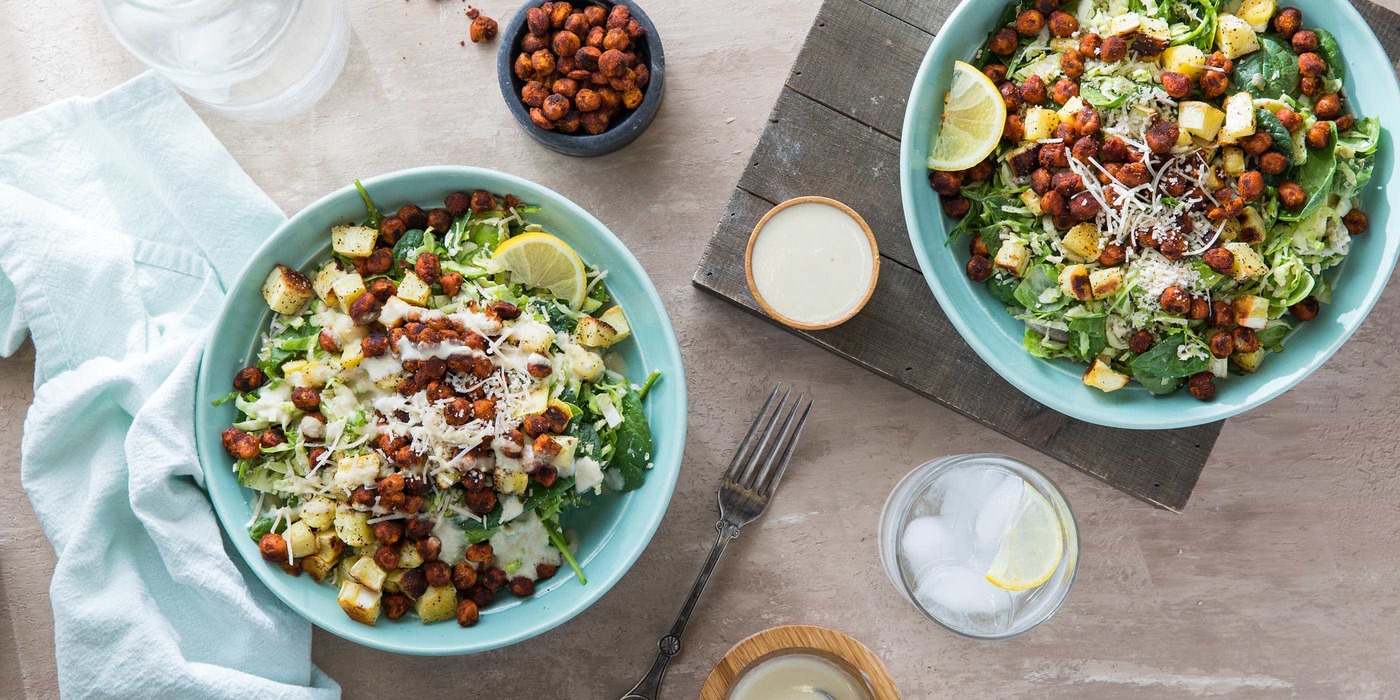 Brussels Sprout Caesar Salad with Smoky Paprika Chickpeas and Parsnip Croutons Brussels Sprout Caesar Salad with Smoky Paprika Chickpeas and Parsnip Croutons