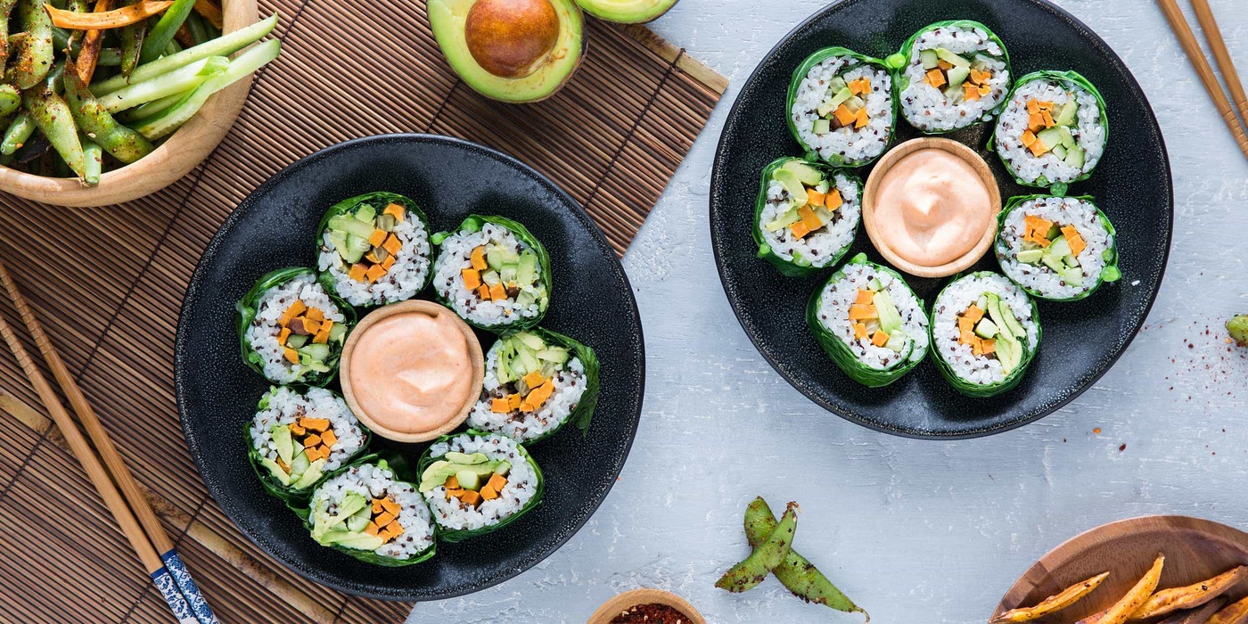 Collard Green Sushi Rolls with Sweet Potato and Togarashi Edamame Collard Green Sushi Rolls with Sweet Potato and Togarashi Edamame