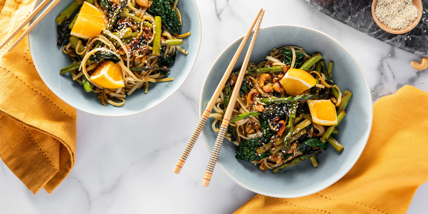 Sesame Orange Udon with Asparagus and Gingered Cashews Sesame Orange Udon with Asparagus and Gingered Cashews