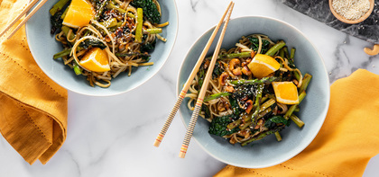 Sesame Orange Udon with Asparagus and Gingered Cashews